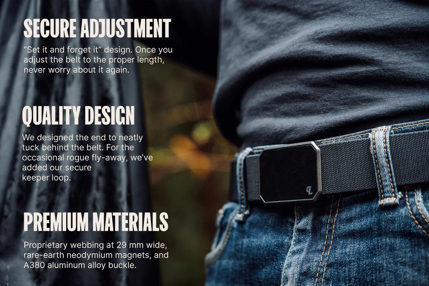 Groove Belt with black buckle, shown on jeans, highlighting secure adjustment, quality design, and premium materials.