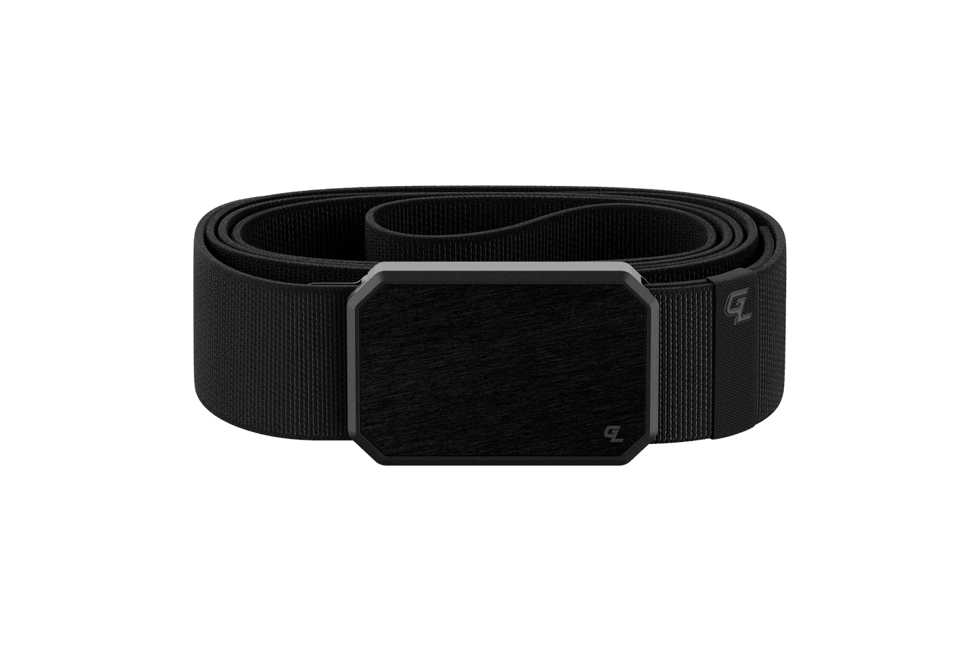 Black tactical belt with black rectangle buckle, minimalist design on gray background