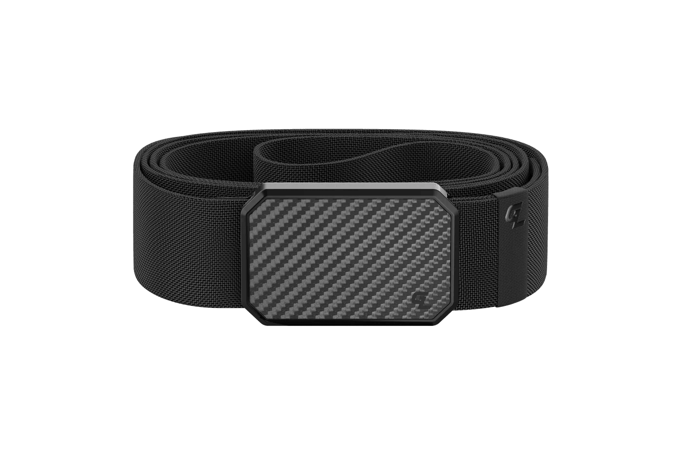Black carbon fiber belt with textured square buckle on plain background