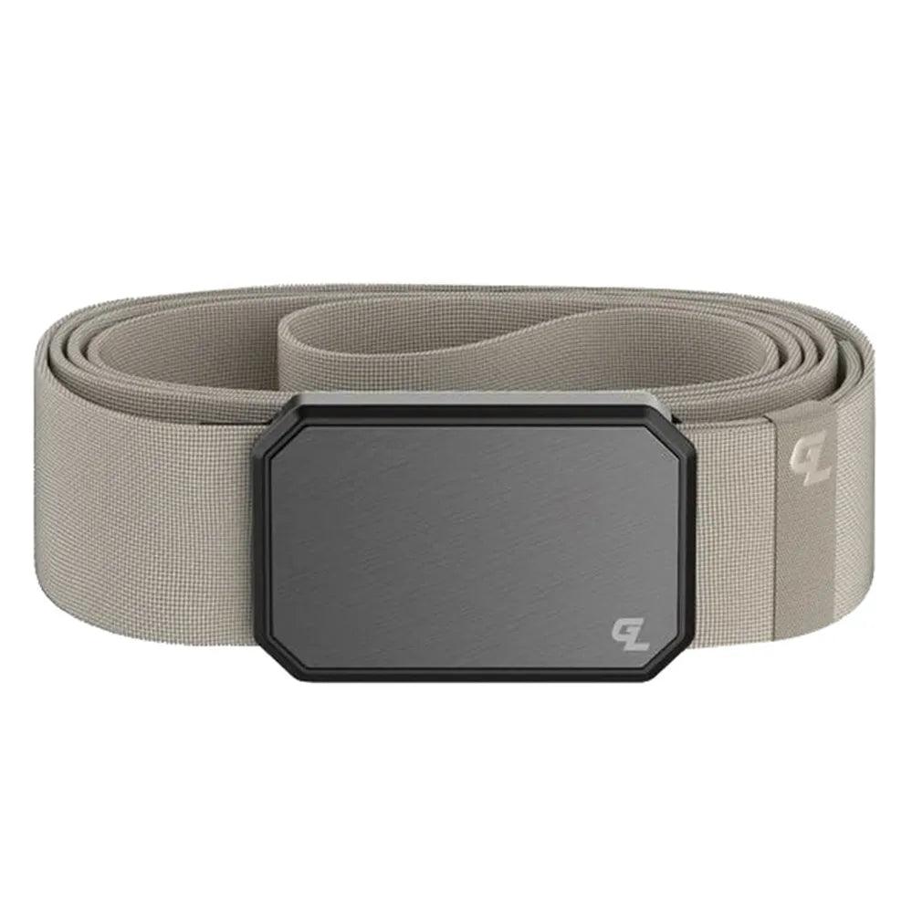 Gray nylon tactical belt with black rectangular buckle on white background