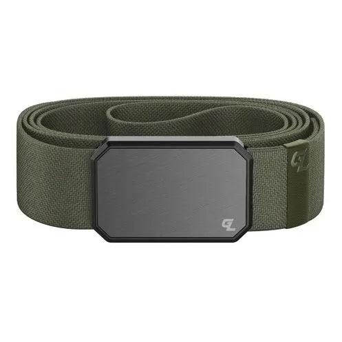 Olive green canvas belt with black rectangular buckle, minimalist design, men's accessory