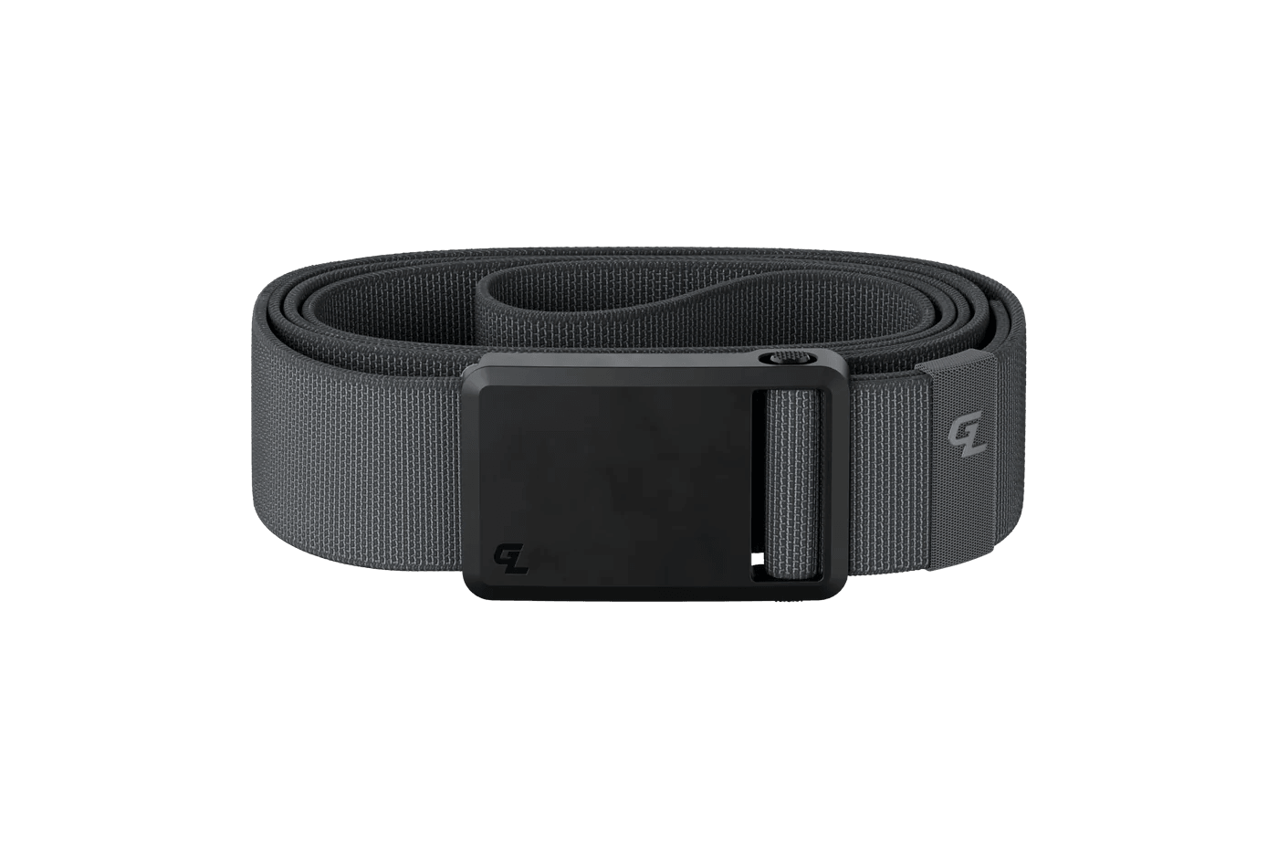 Black tactical nylon belt with matte black buckle on plain background