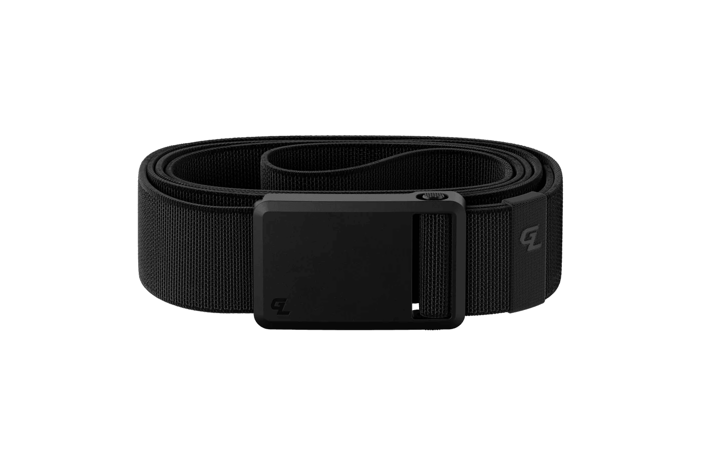 Black nylon belt with rectangular matte black buckle on plain background