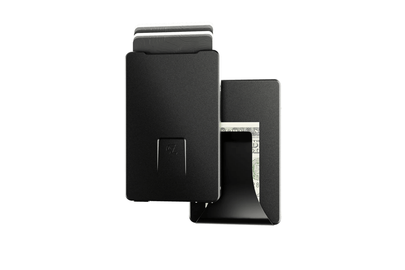 Black minimalist wallet with money clip holding cash and credit cards