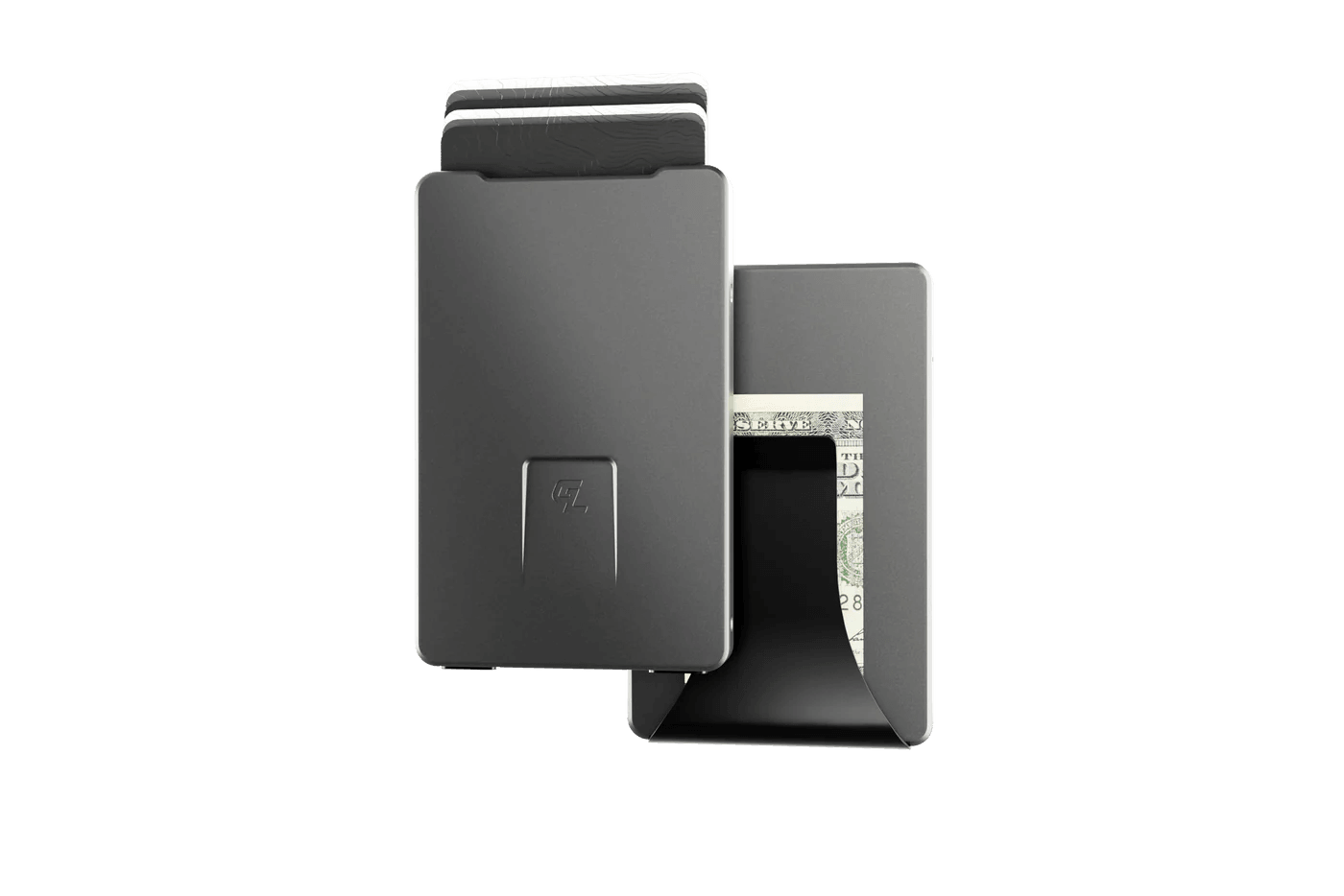 Slim metal wallet with card slots and money clip holding cash, minimalist modern design