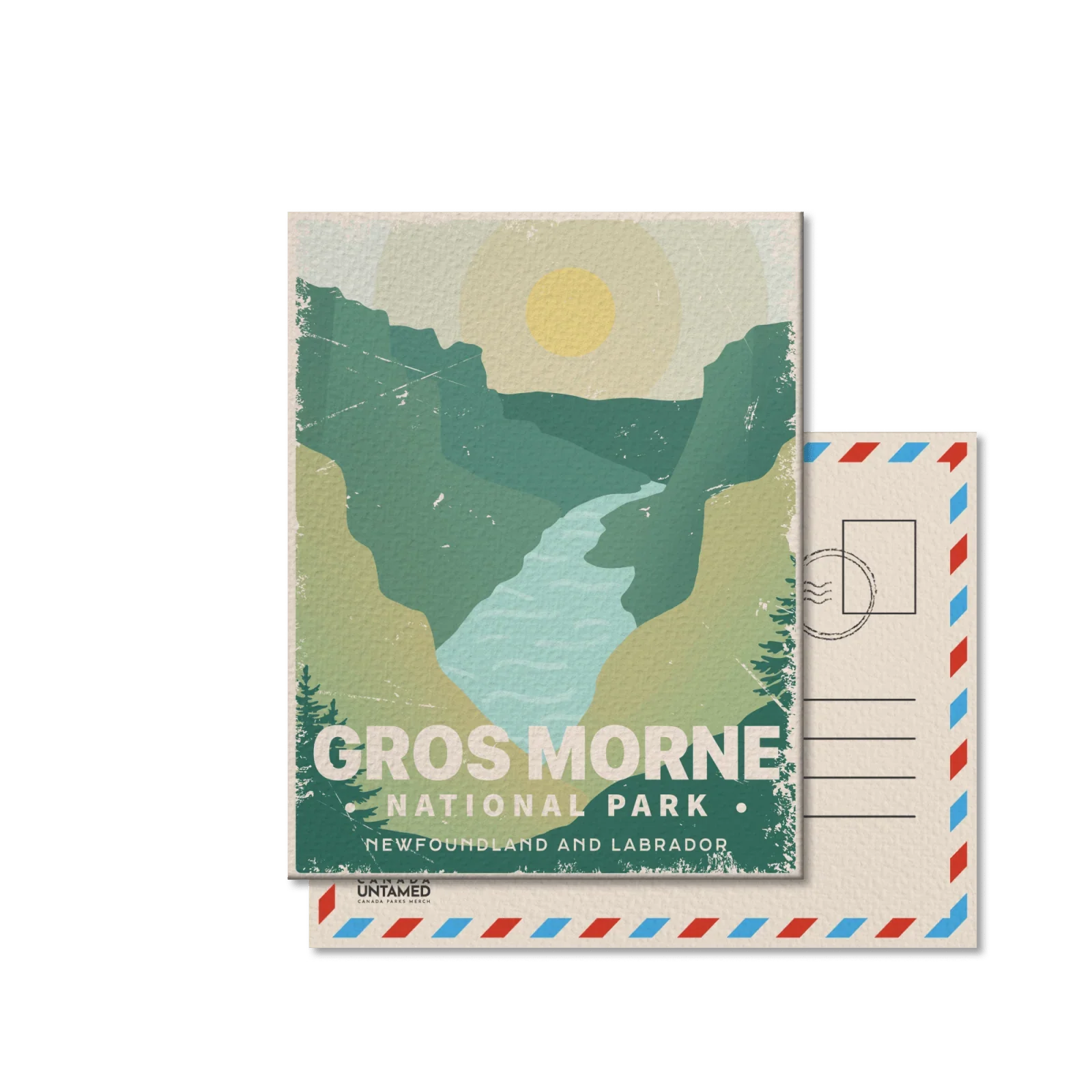 Gros Morne National Park postcard with mountains, river, and sun, Newfoundland and Labrador