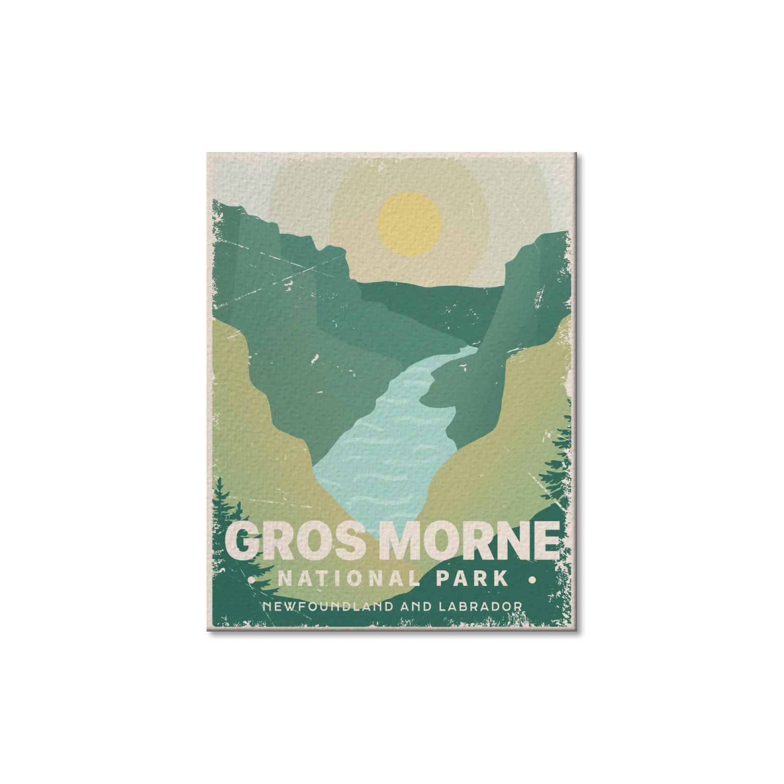 Gros Morne National Park postcard with mountains, sun, river, and Newfoundland and Labrador text
