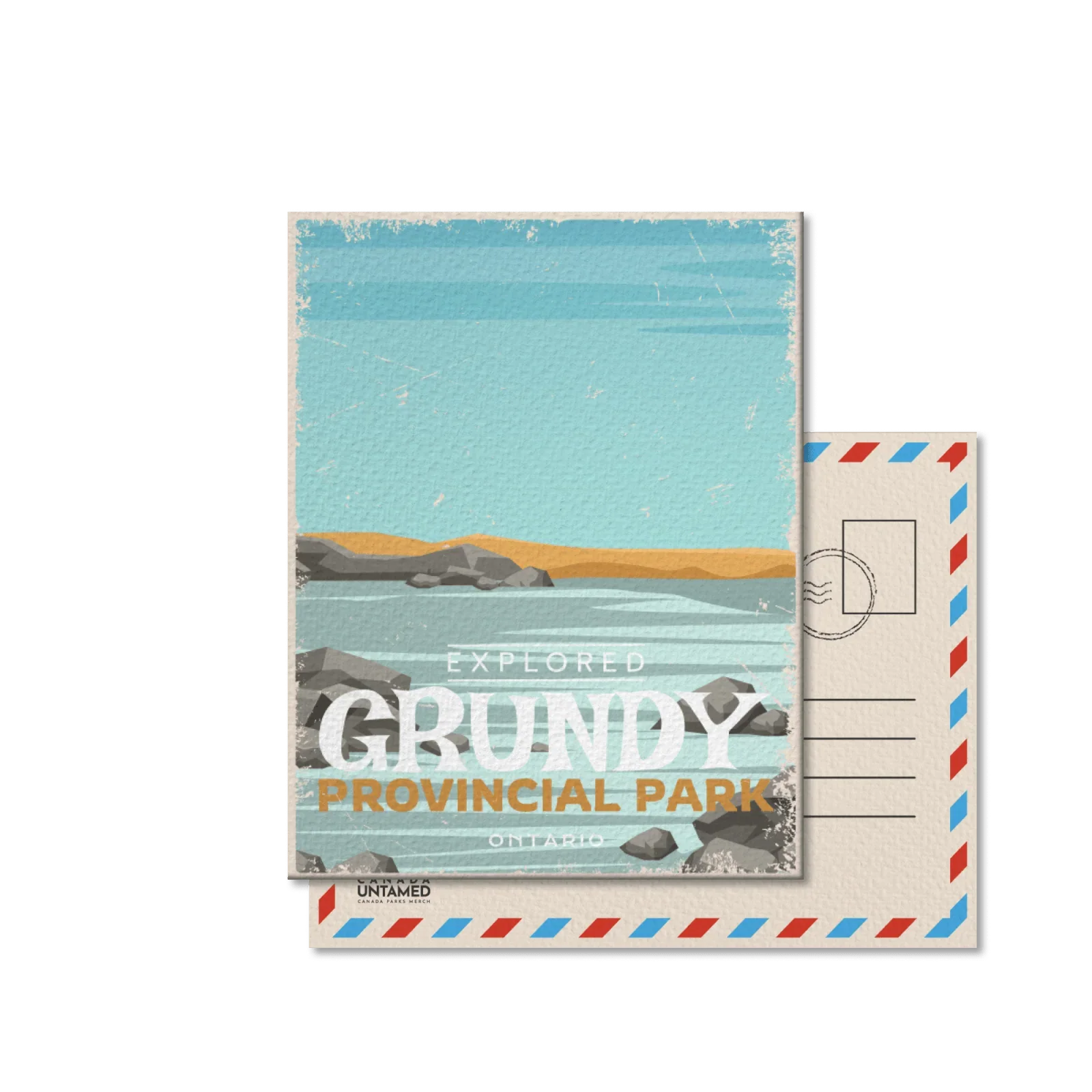 Grundy Provincial Park Ontario postcard with lake, rocks, and blue sky illustration