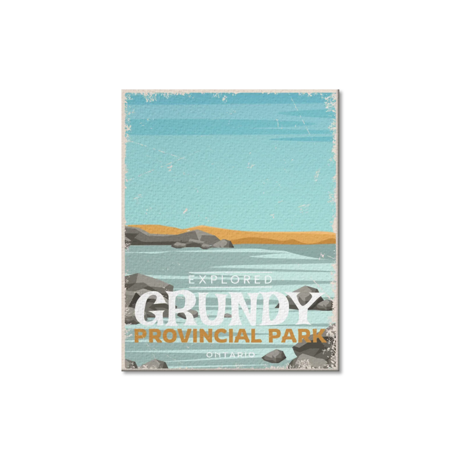 Grundy Ontario Provincial Park postcard with lake, rocks, and blue sky illustration