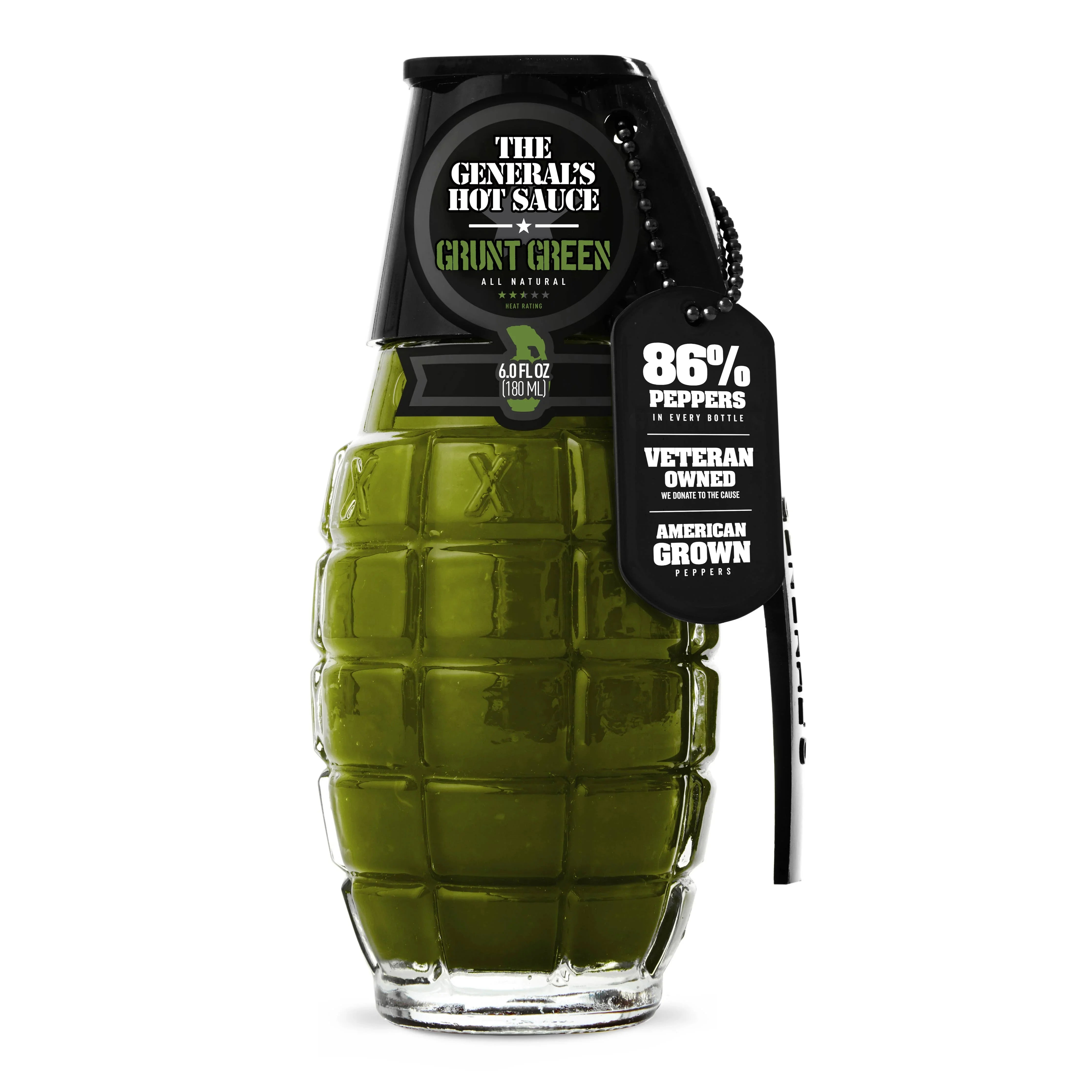 The General's Hot Sauce Grunt Green in a green grenade-shaped bottle with dog tag label