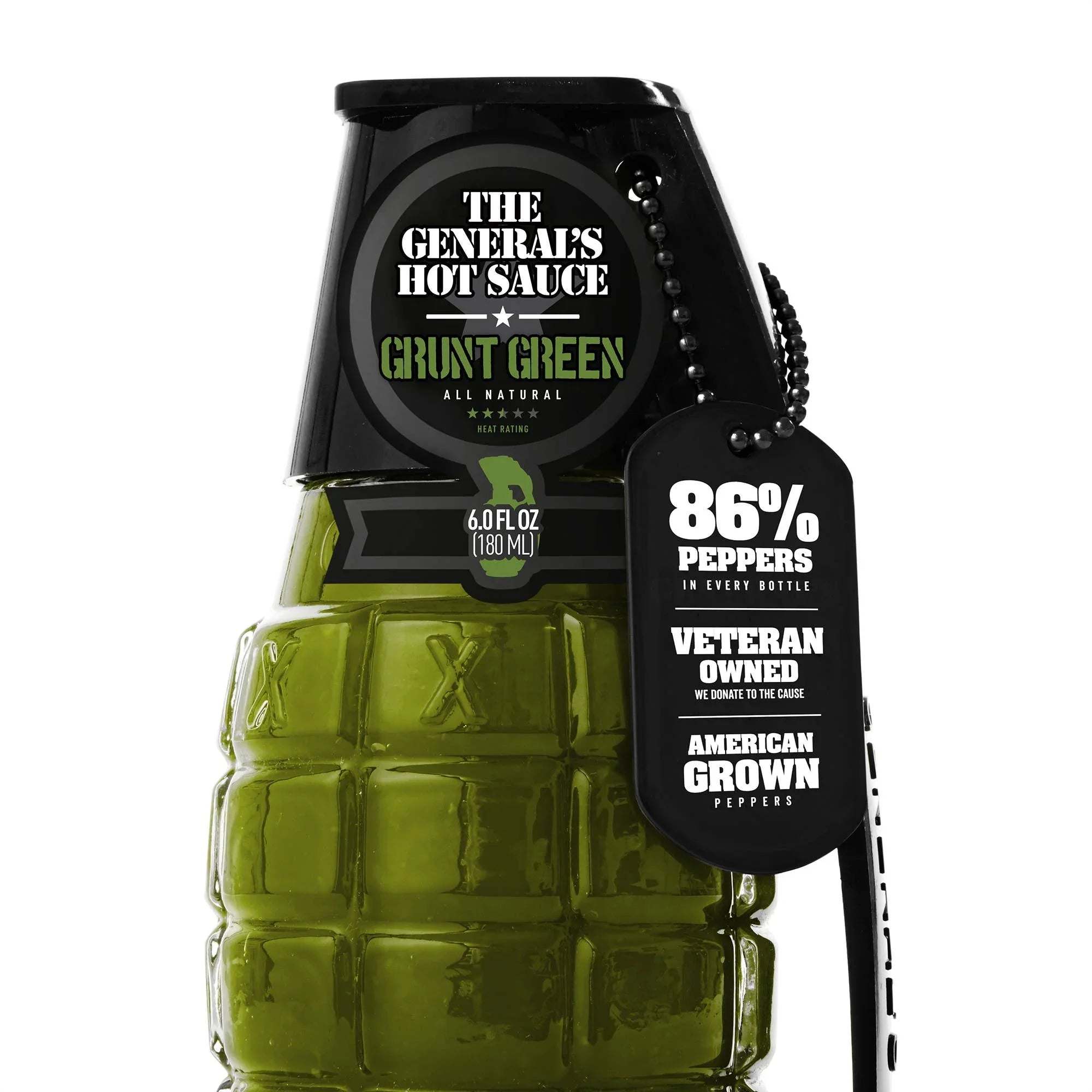 Grunt Green hot sauce bottle shaped like a grenade with military-style tags and label