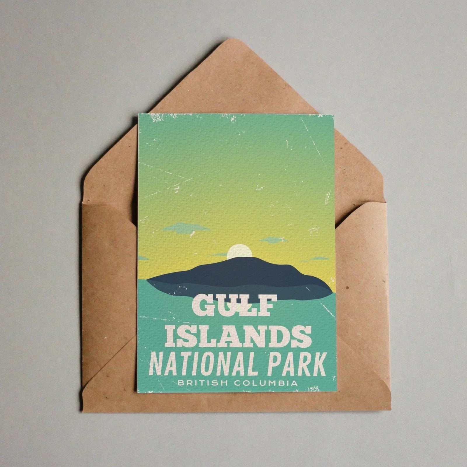Gulf Islands National Park postcard with sunset, mountain, and envelope, British Columbia