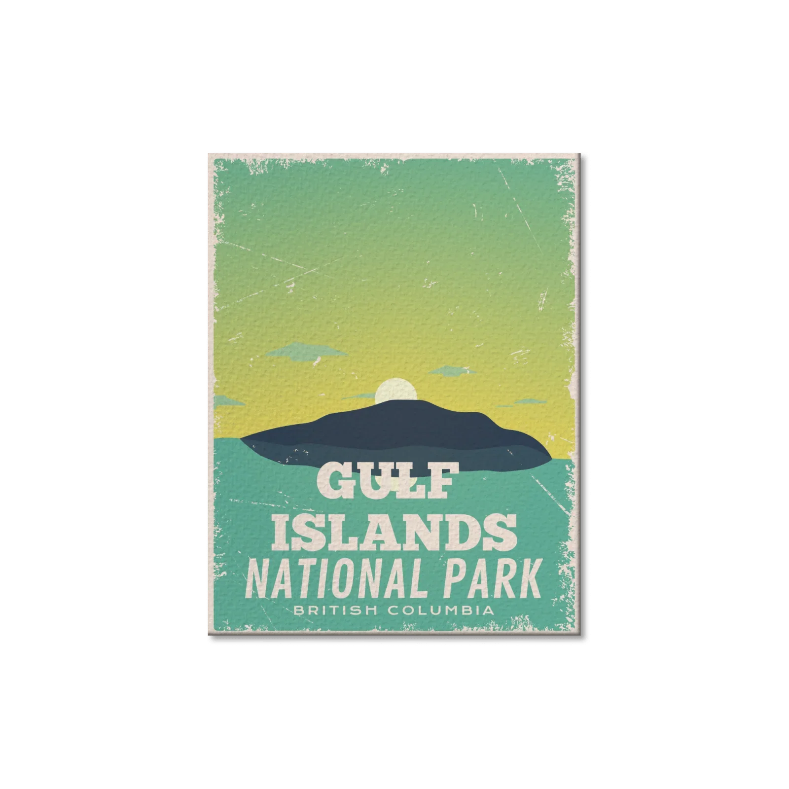 Gulf Islands National Park vintage postcard with island silhouette and sunset, British Columbia.