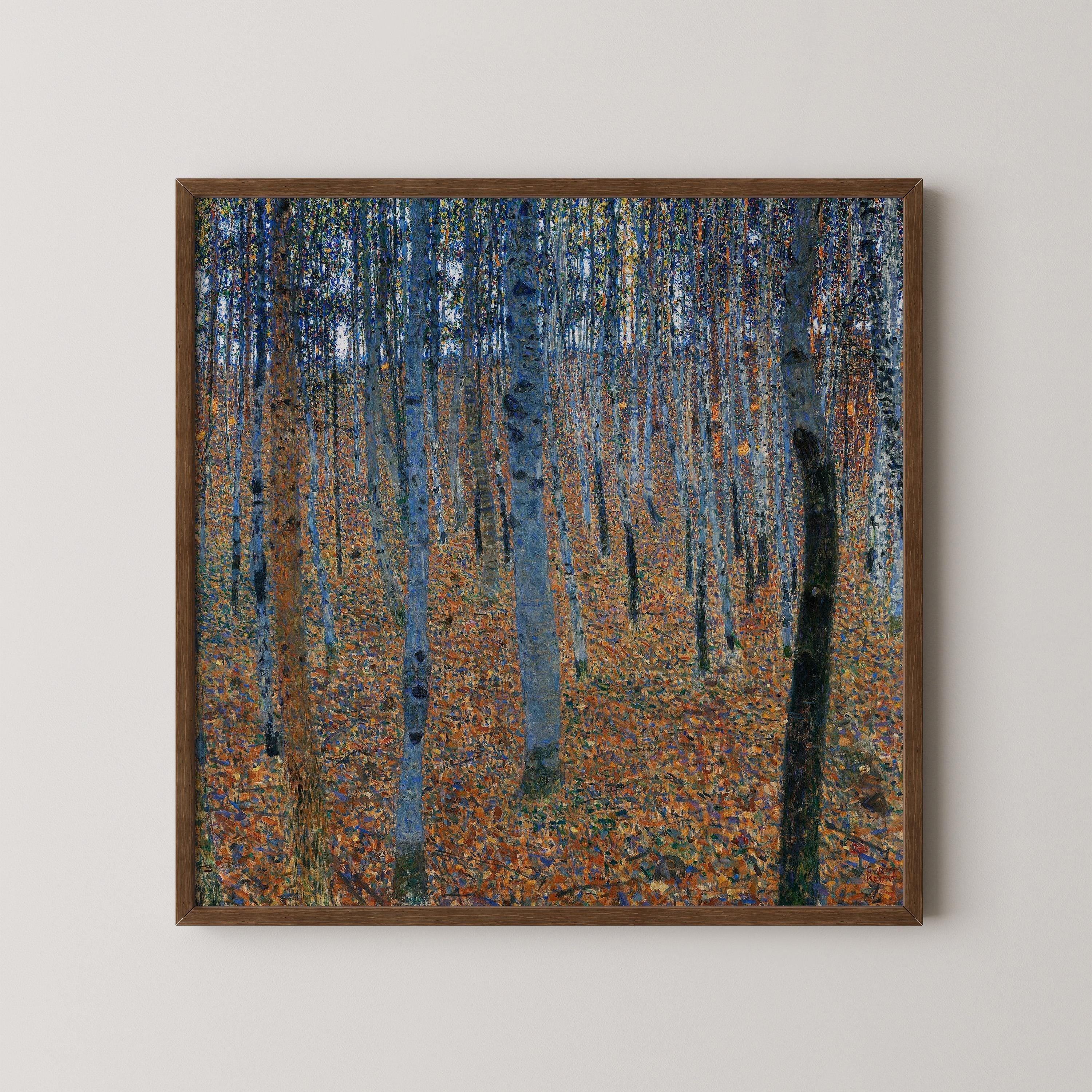 Framed Gustav Klimt Beech Grove forest painting with autumn leaves and tall trees