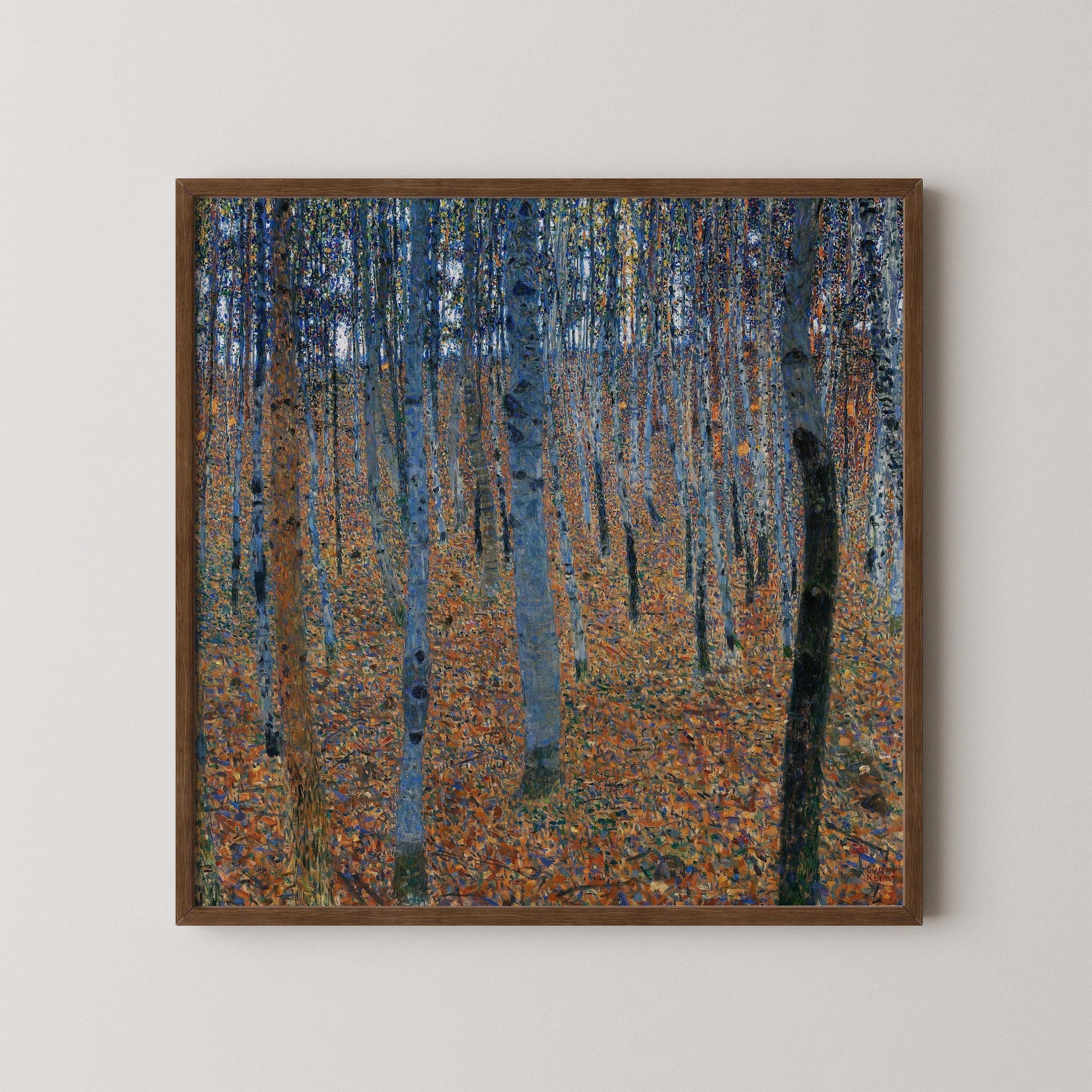 Framed Gustav Klimt Beech Grove forest painting with autumn leaves and tall trees
