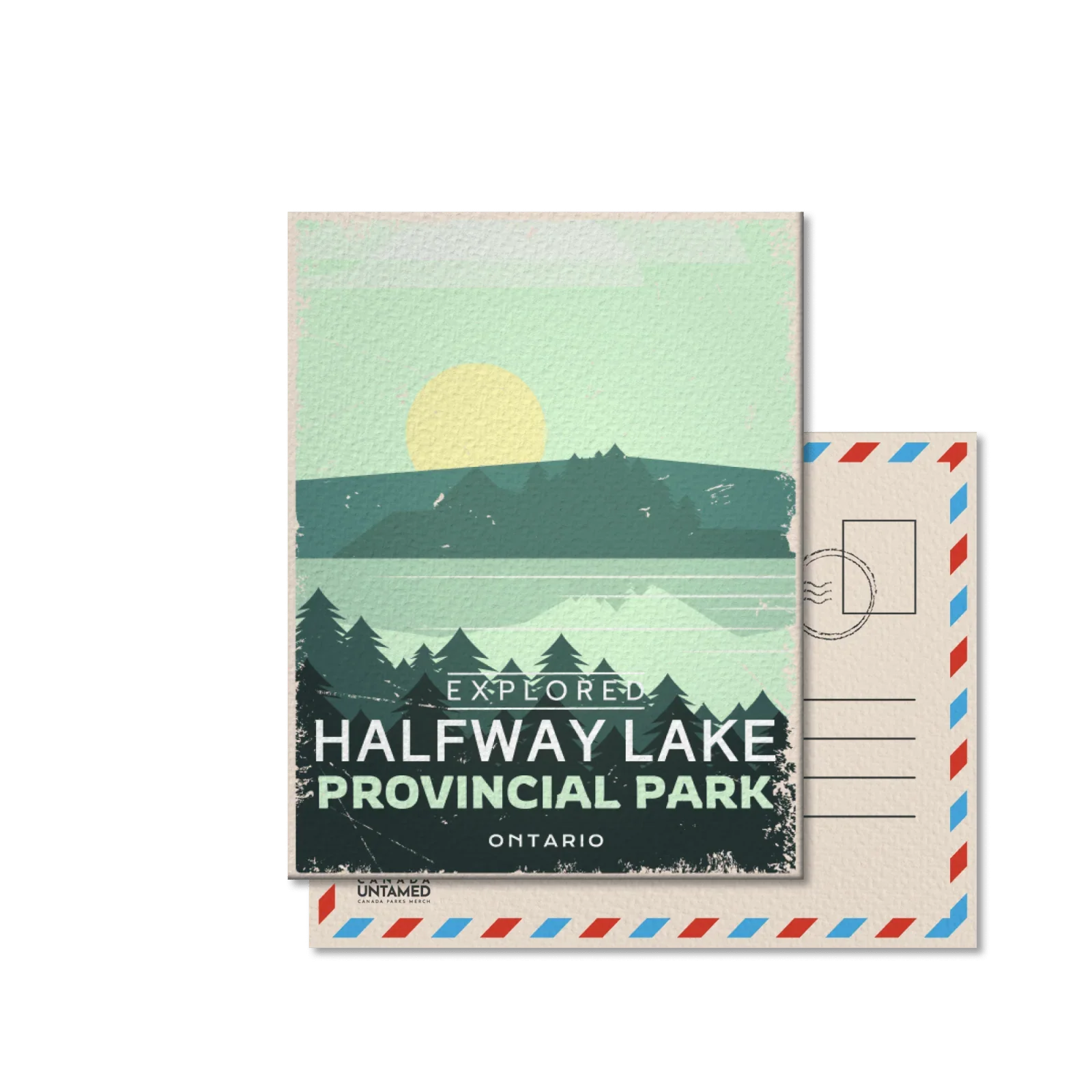 Halfway Lake Provincial Park Ontario postcard with illustrated lake, pine trees, and sunset.