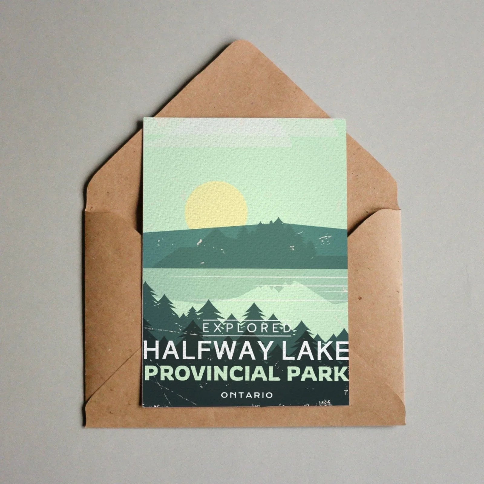 Halfway Lake Provincial Park Ontario postcard with lake, trees, and sun illustration in envelope
