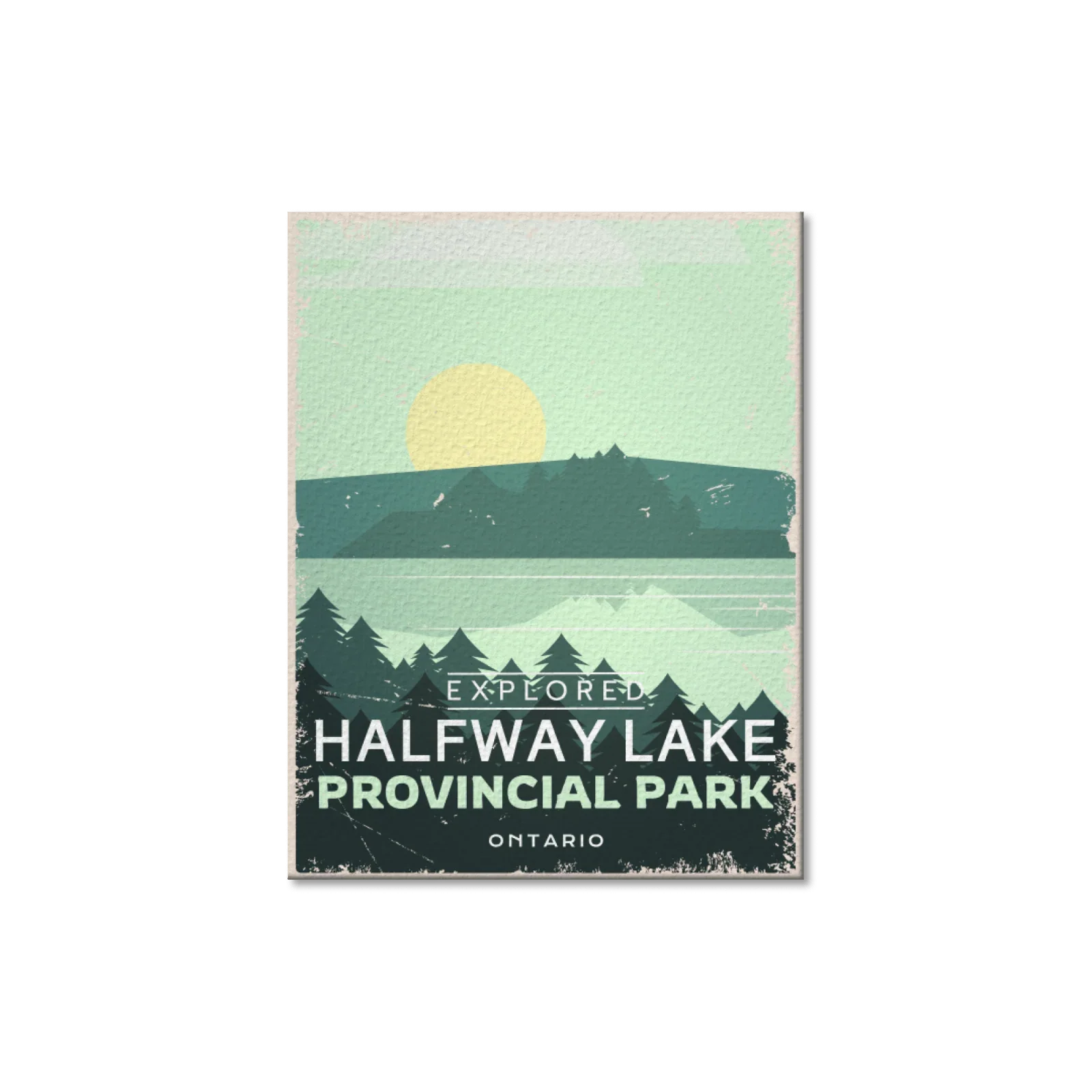 Halfway Lake Provincial Park Ontario postcard with lake, pine trees, and sun illustration