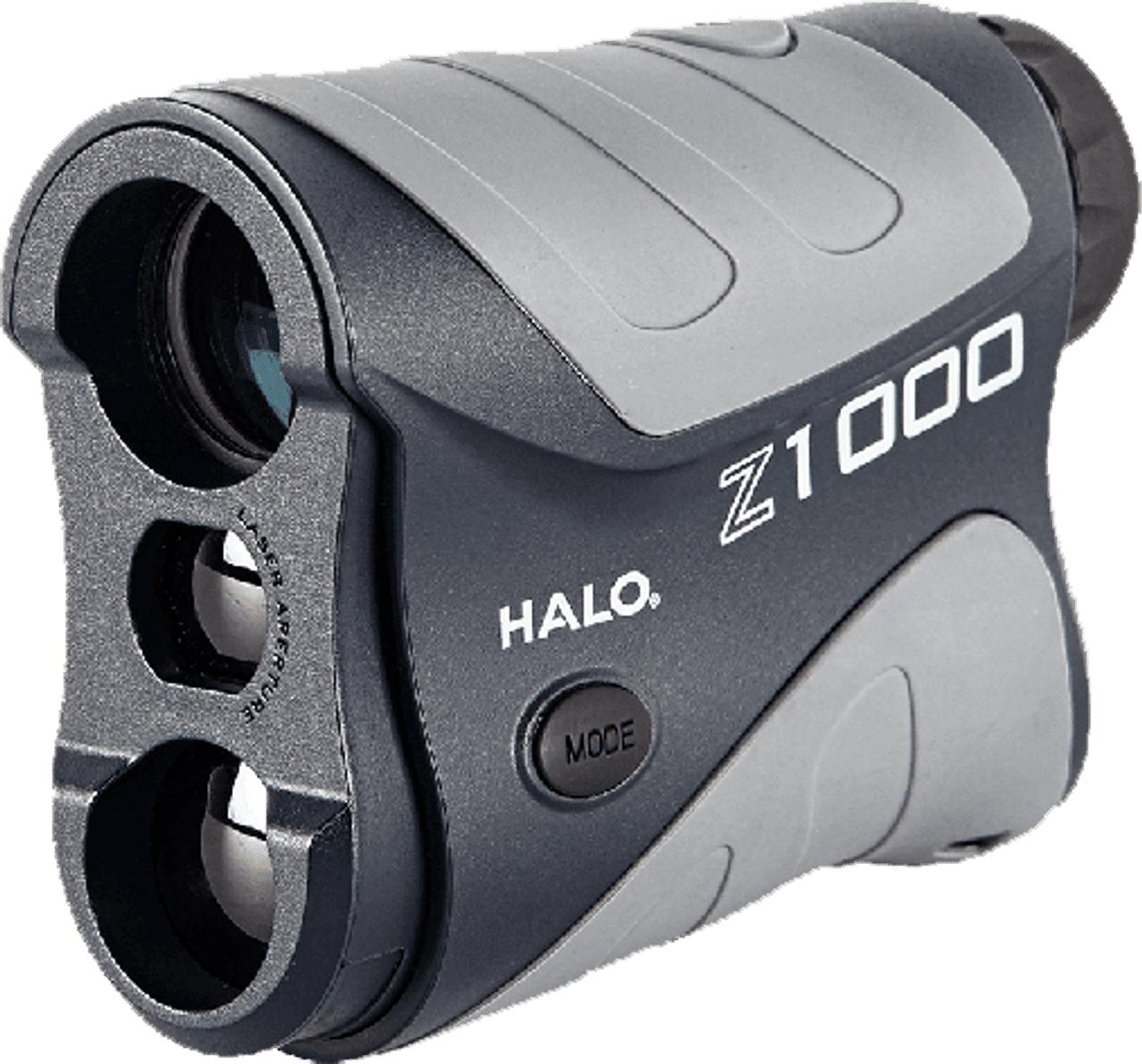 Halo Z1000 laser rangefinder with black and gray ergonomic design and mode button