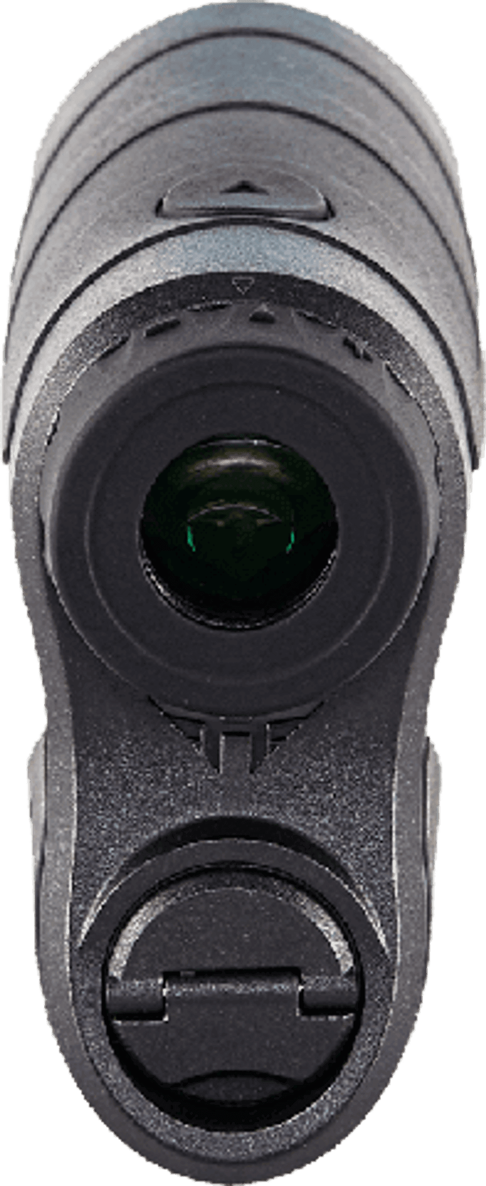 Close-up of black tactical rifle scope sight viewed from front, featuring lens and flip cap
