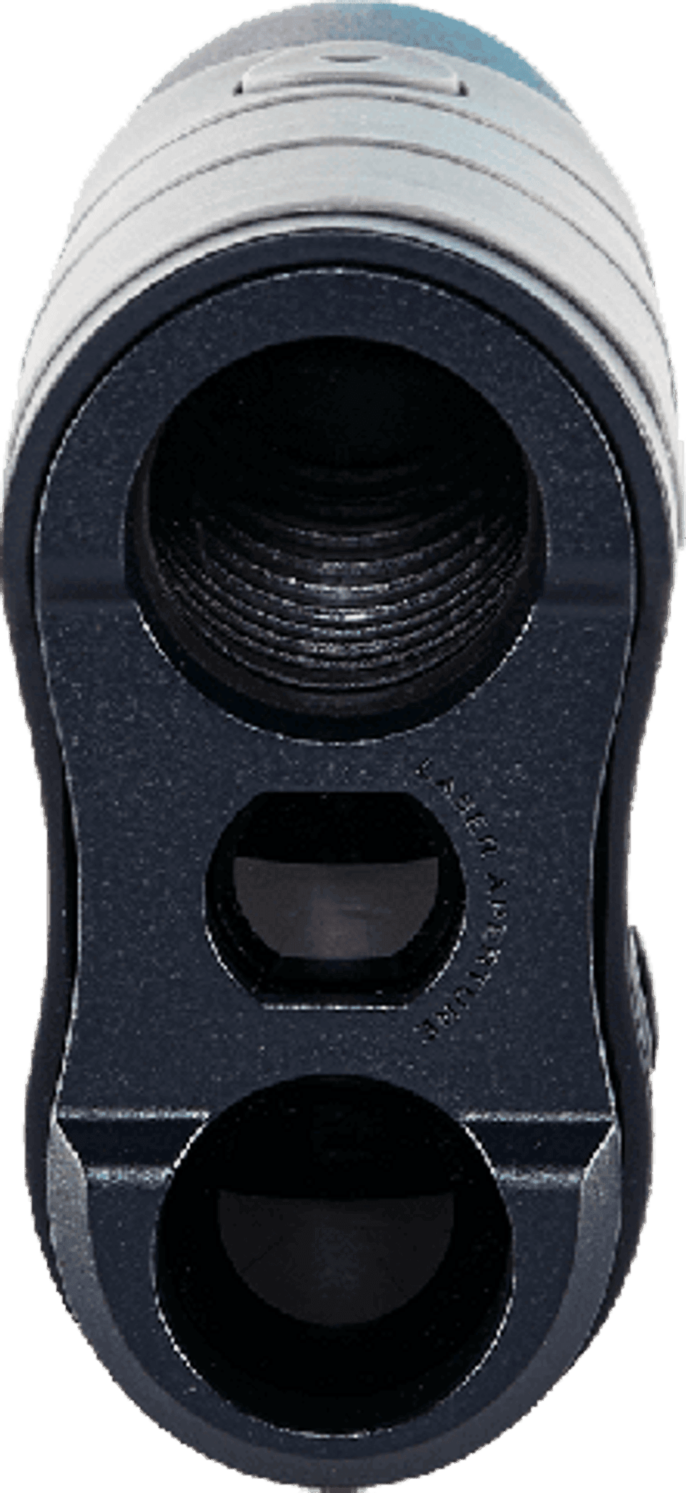 front view of black rangefinder with three circular lenses and laser aperture marking