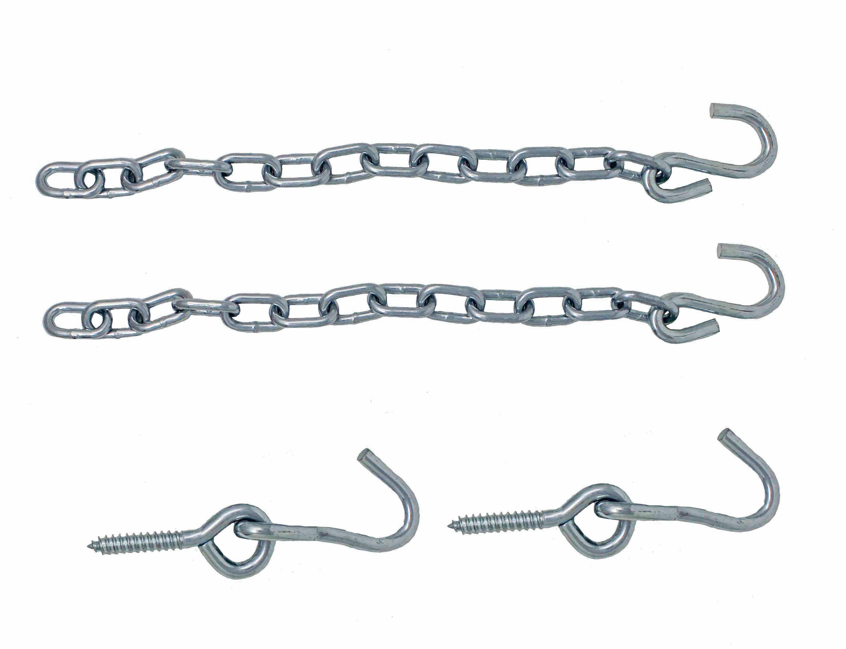 Hammock hanging kit with two metal chains and screw hooks on white background