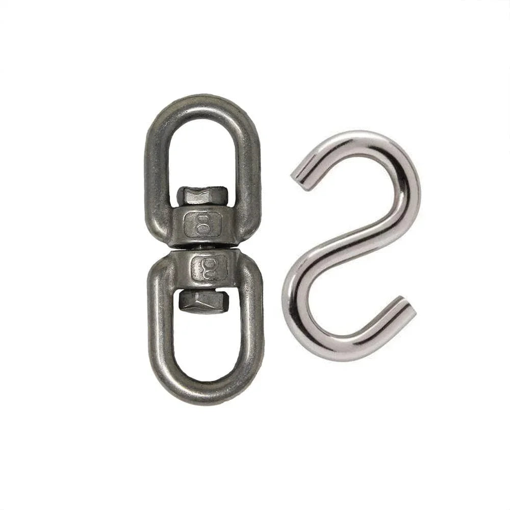 Metal swivel and S-hook hardware set on white background for hanging applications