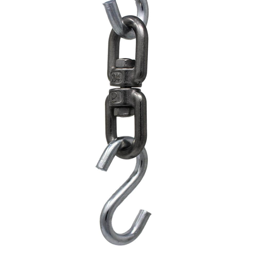 Steel swivel and S-hook in suspension chain, close-up on white background