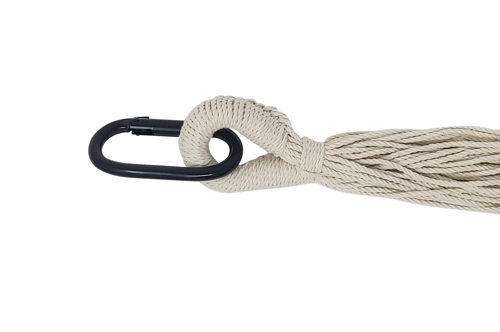 Black carabiner attached to a beige rope loop on white background