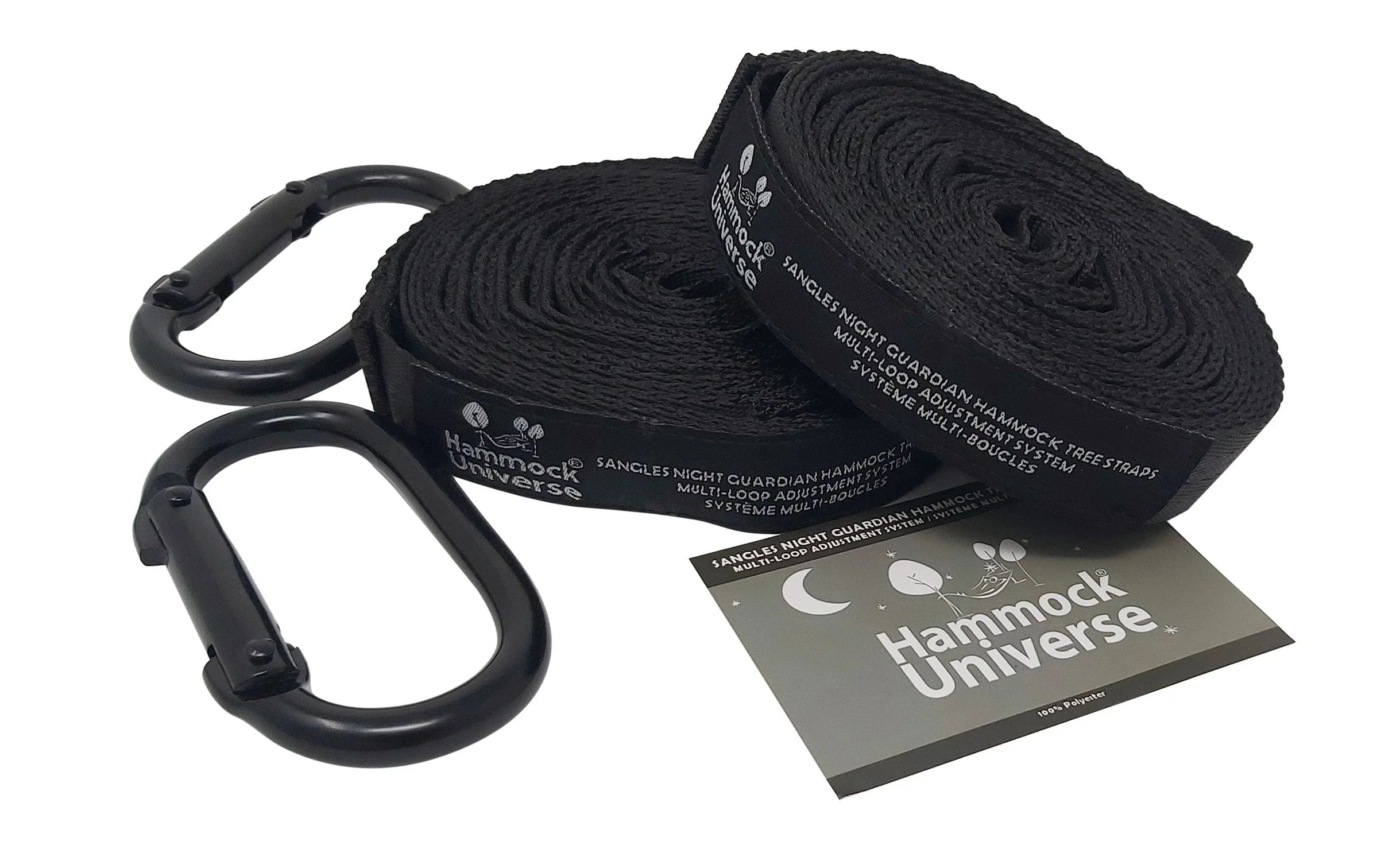 Black multi-loop hammock tree straps with carabiners and Hammock Universe packaging
