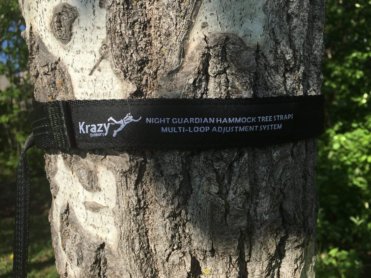 Krazy Outdoors hammock tree strap with multi-loop system wrapped around a tree outdoors