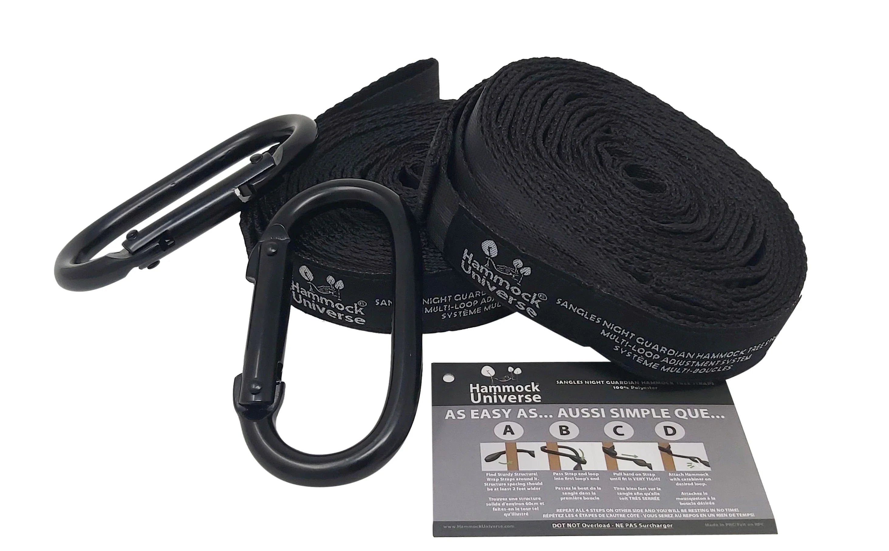 Black hammock straps with carabiners and instruction card, branded Hammock Universe.
