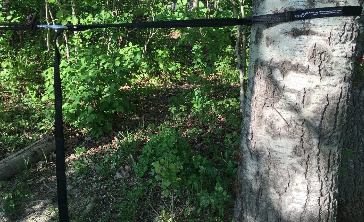 Heavy-duty hammock tree straps looped around a tree in a forest setting