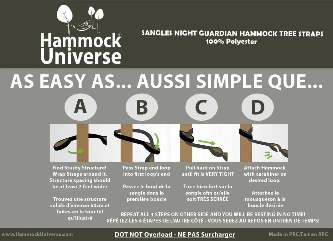 Hammock Universe tree strap installation instructions with step-by-step hammock strap setup guide.