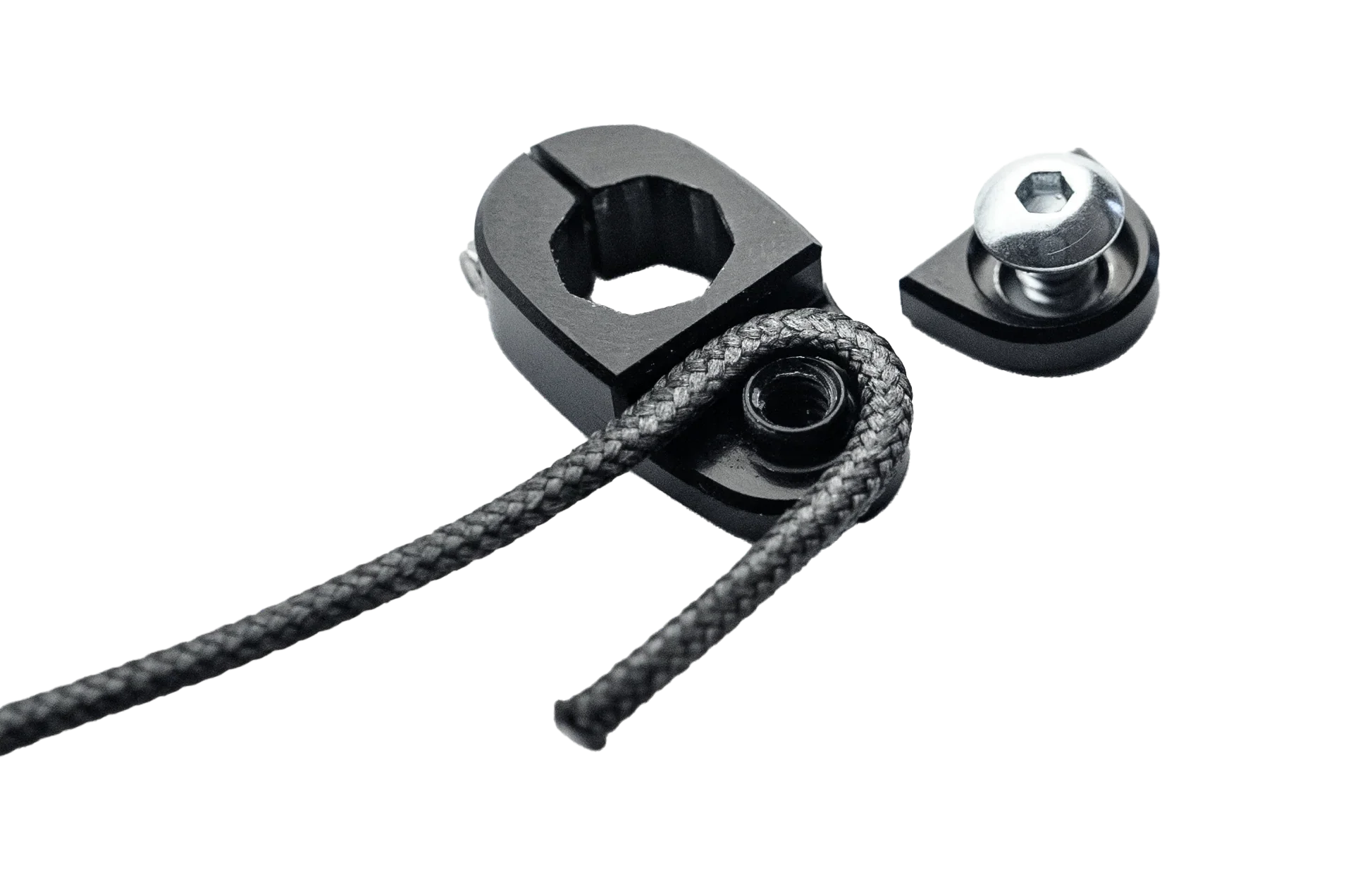 Black cord clamp lever arm with braided cord and metal screw on black background
