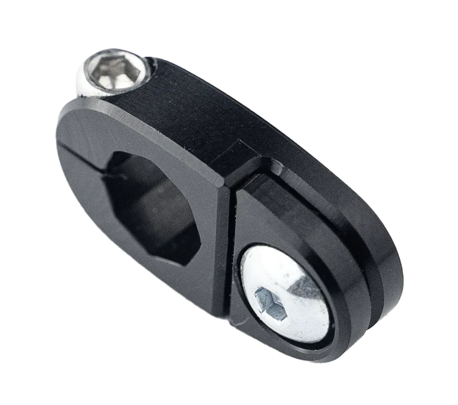 Black aluminum cord clamp lever arm with hex screws on black background