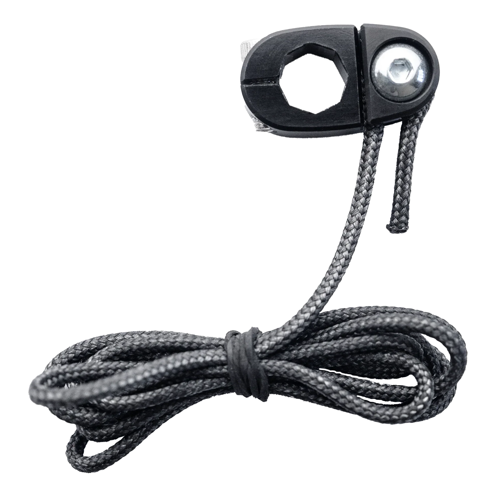 Black cord clamp lever arm with braided cable and bolt, isolated on white background.