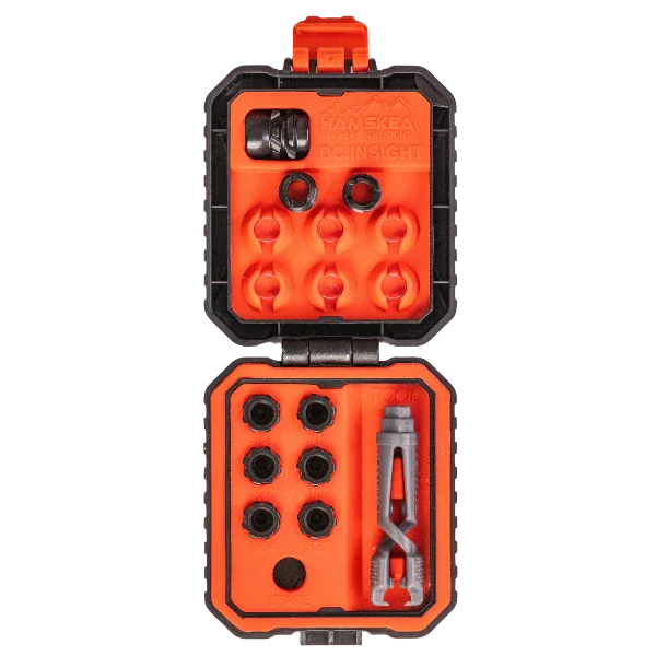 Hamskea archery tool kit with orange case, arrow inserts, and adjustment tool