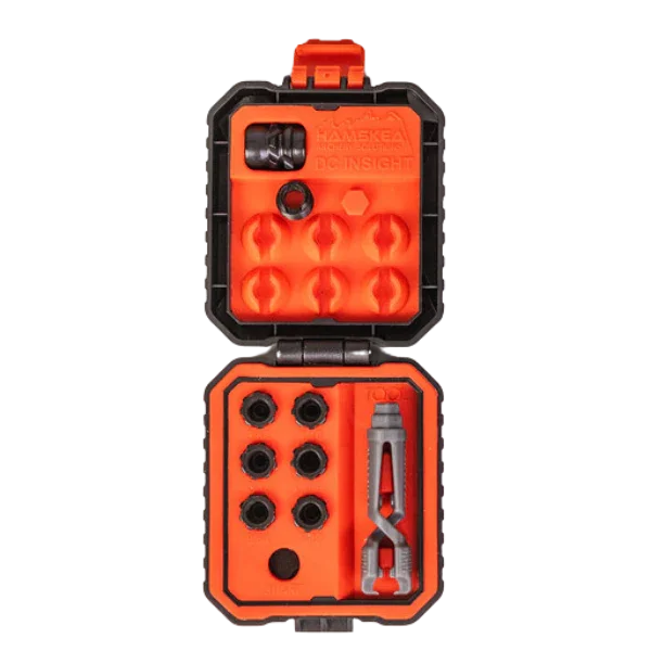 Orange and black archery tool kit case with components securely organized inside.