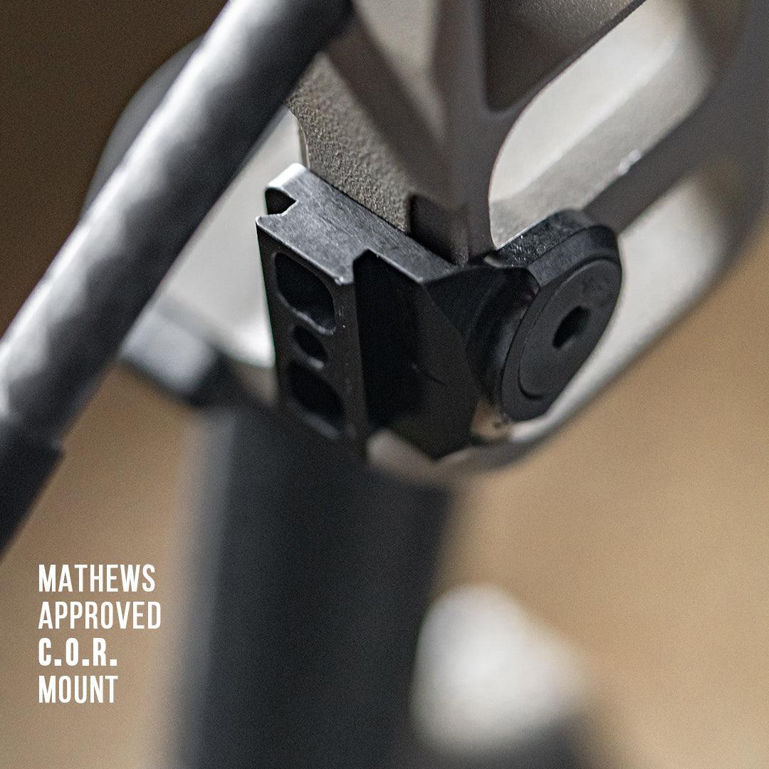 Close-up of a Hamskea archery Everest arrow rest with Mathews approved C.O.R. mount.