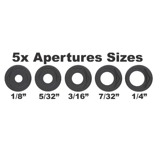 Five black aperture inserts in sizes 1/8, 5/32, 3/16, 7/32, 1/4 inch displayed side by side.