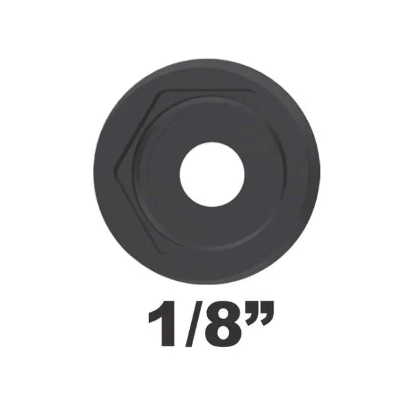 Black round washer with center hole, labeled 1/8 inch size on white background.