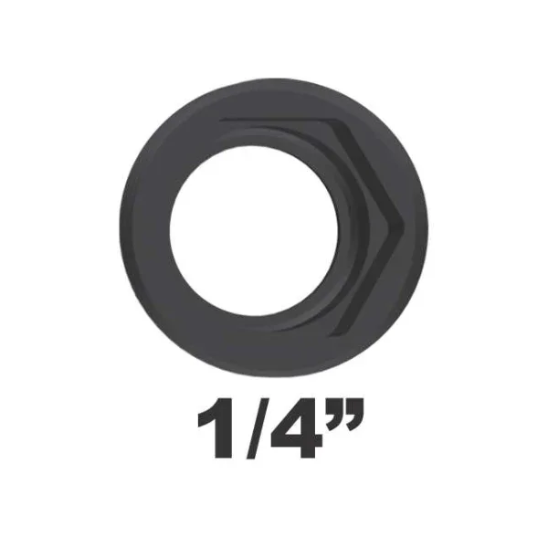 Black 1/4 inch hex nut on white background