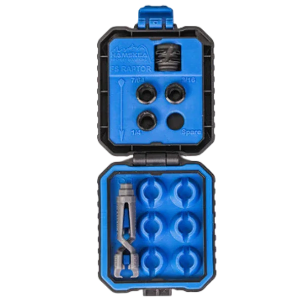 Hamskea archery FS Raptor aperture kit in black and blue case with apertures and tools