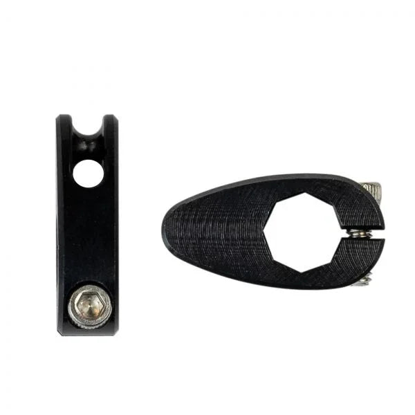 Black metal bike cable guide clamp with mounting screw on white background