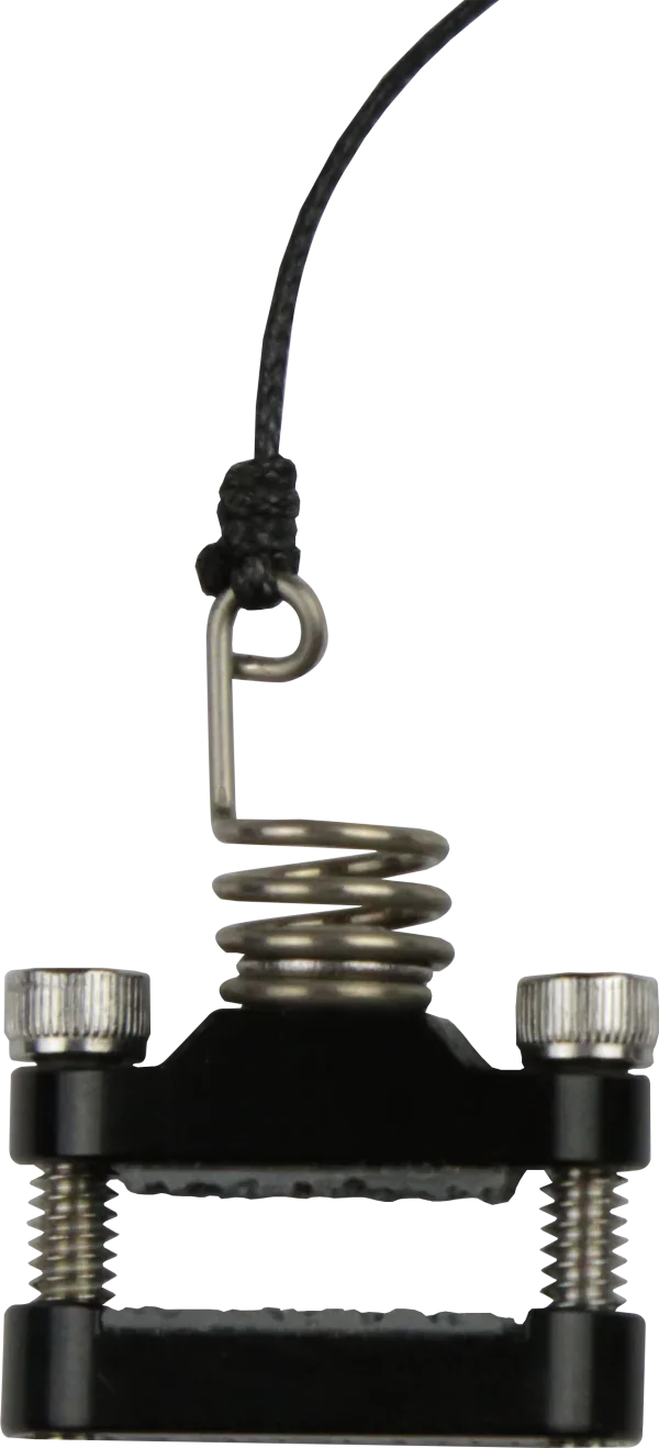 Black and silver metal limb clamp kit with spring and cord, isolated on white background