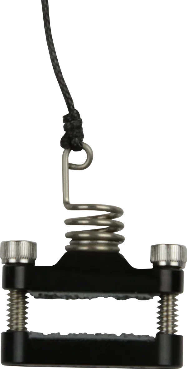 Black and silver limb clamp kit with spring and screws, isolated on white background