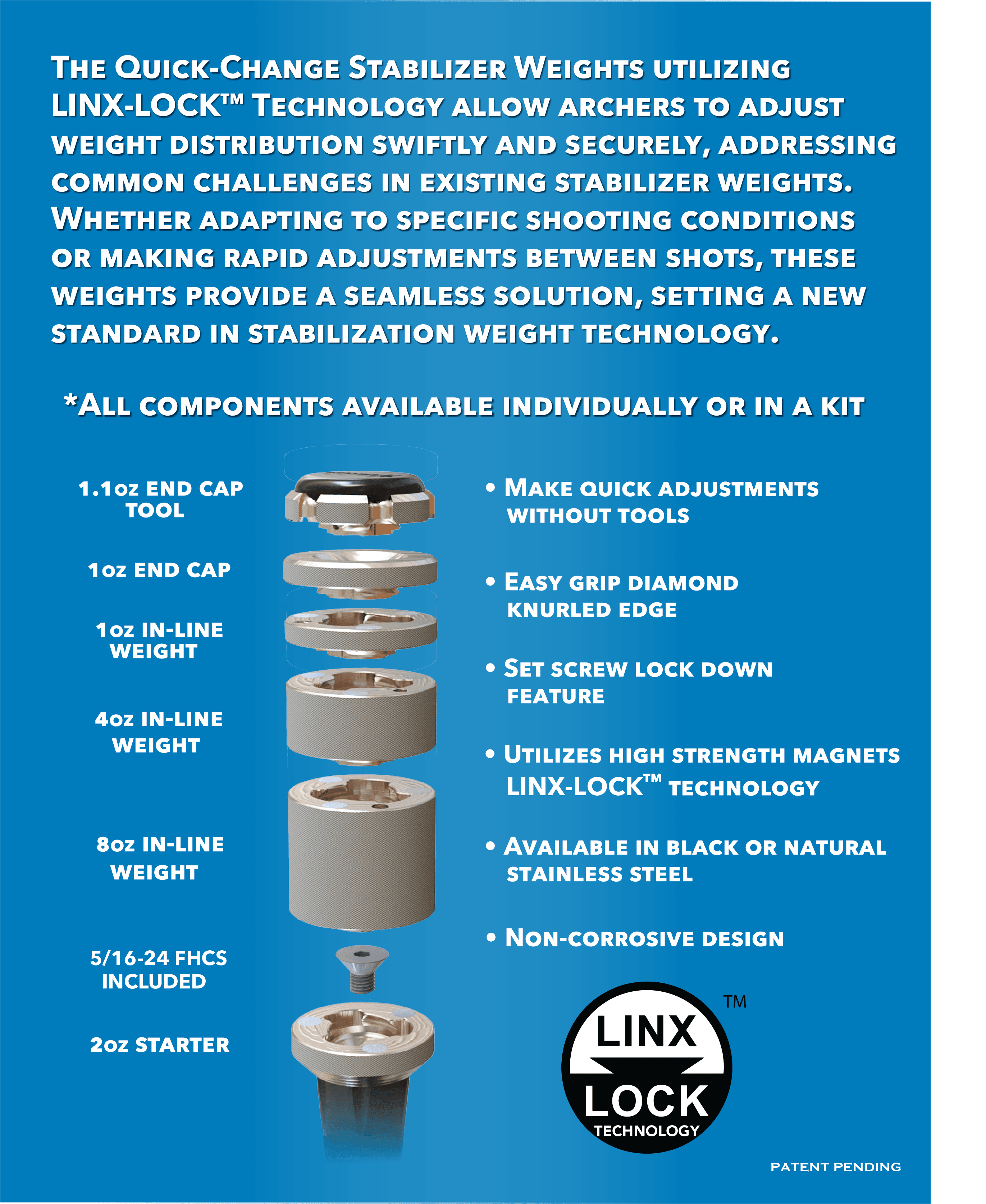 Hamskea archery quick-change stabilizer weights with LINX-LOCK technology and components diagram