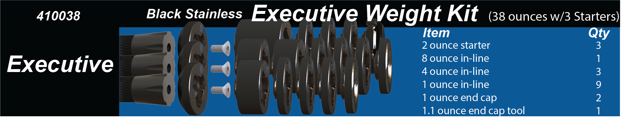 Hamskea Executive Weight Kit for archery, black stainless weights and parts with item list.