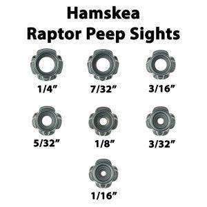 Hamskea Raptor Peep Sights in seven sizes for archery, arranged on a white background.